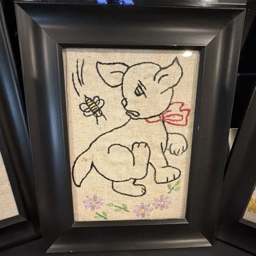 Set‎ Of 4 Vtg Framed Handmade Embroidered Animal Pics Cat Dog Nursery 9